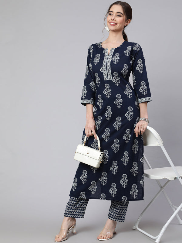 Women's Navy Blue Ethnic Printed Straight Kurta With Trouser - Taantav