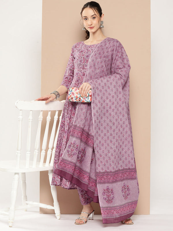 Women's Lavender Floral Printed Kurta With Trouser And Dupatta - Taantav