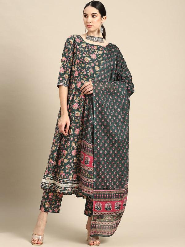 Women's Green & Pink Floral Anarkali Kurta With Trouser And Dupatta - Taantav