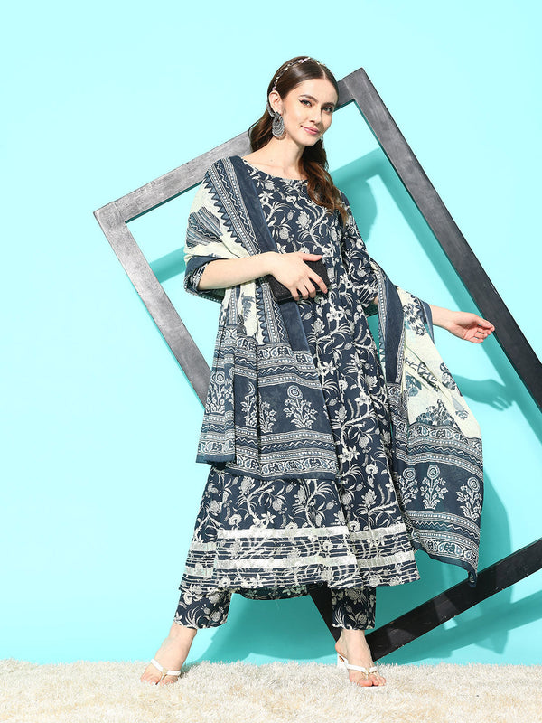 Women's Grey Paisely Printed Anarkali Kurta With Trouser And Dupatta - Taantav