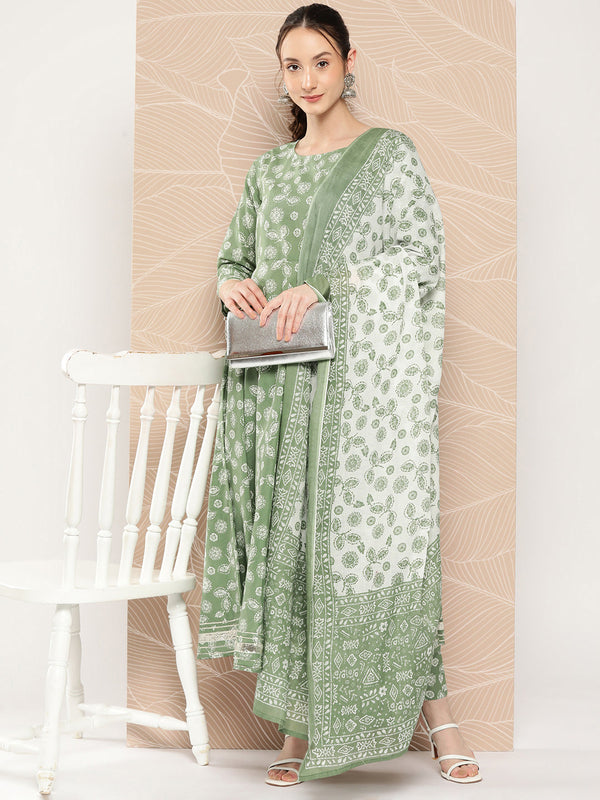 Women's Green Floral Printed Anarkali Kurta With Trouser And Dupatta - Nayo Clothing