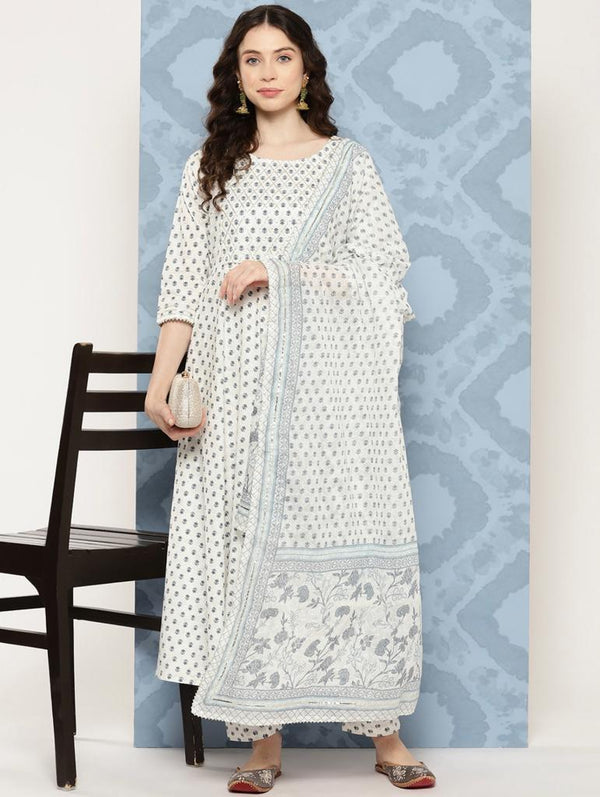 Women's Off White Flared Kurta With Trouser & Dupatta - Taantav