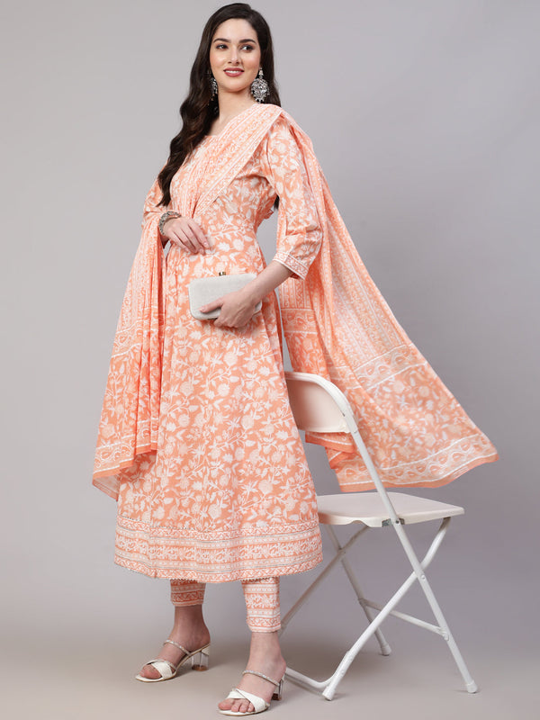 Women's Peach Printed Anarkali Kurta With Trouser and Dupatta - Nayo Clothing