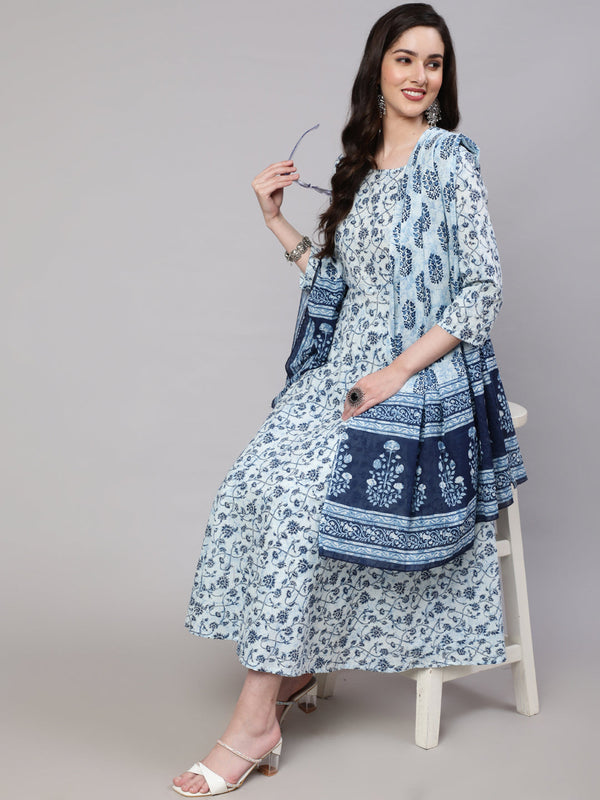 Women's Blue Floral Printed Anarkali Kurta With Trouser And Dupatta - Nayo Clothing