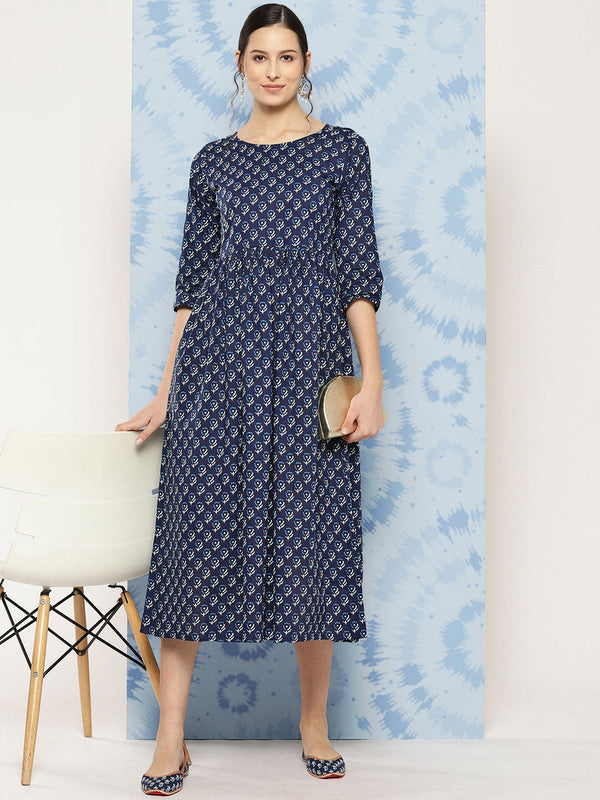 Women's Wome Navy Blue Printed Flared Dress With Three quarter Sleeves - Nayo Clothing