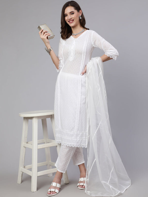 Women's White Lace details Straight Kurta With Trouser And Net Dupatta - Nayo Clothing