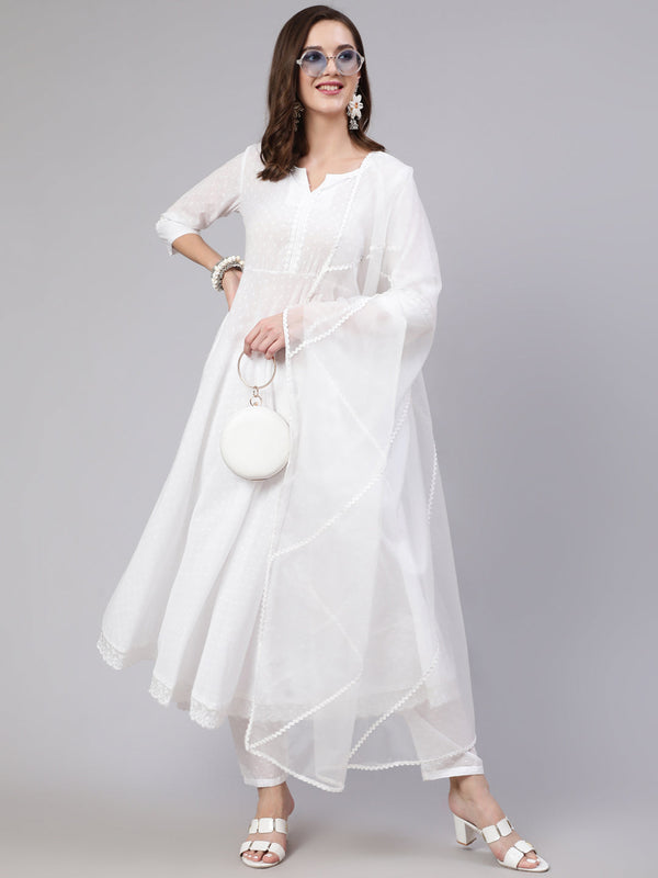 Women's White Lace details Flared Kurta With Trouser And Dupatta - Nayo Clothing