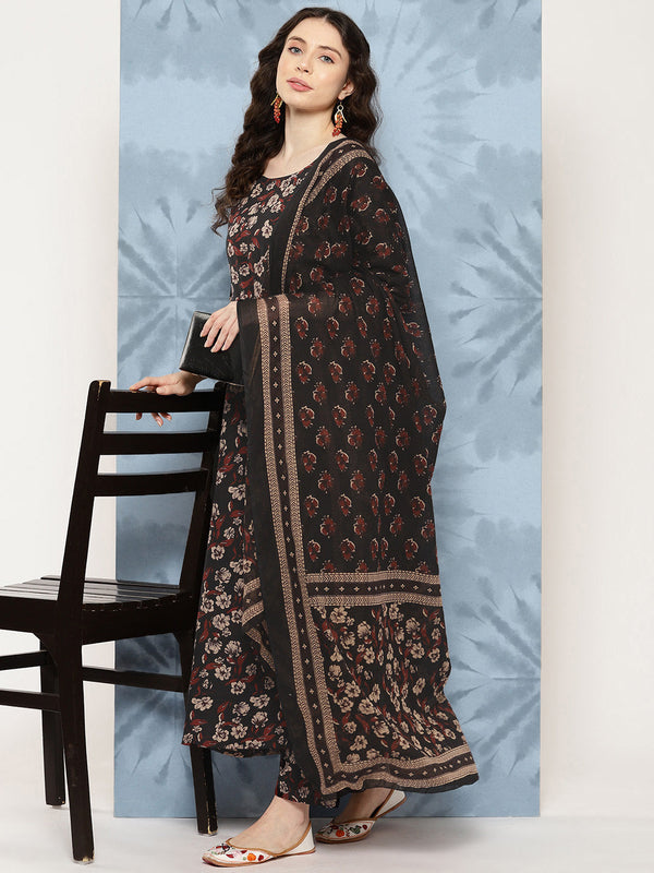 Women's Black Floral Printed Flared Kurta With Trouser And Dupatta - Taantav