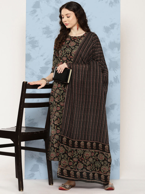 Women's Black Floral Printed Straight Kurta With Trouser And Dupatta - Taantav