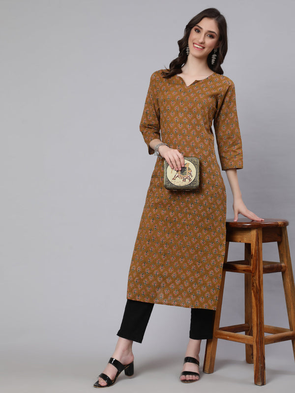 Women's Yellow Printed straight Kurta With three qurter sleeves - Nayo Clothing