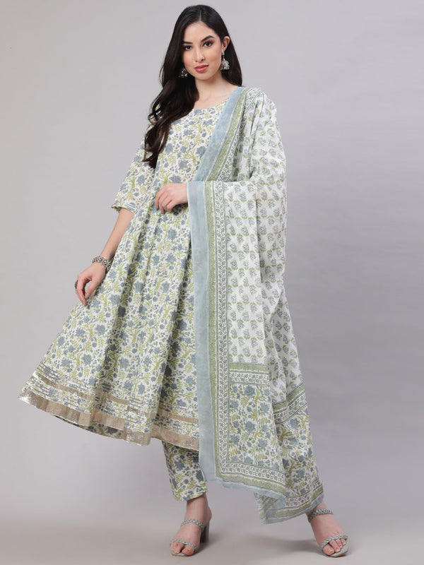 Women's Off-White Floral Printed Flared Kurta With Trouser And Dupatta - Taantav