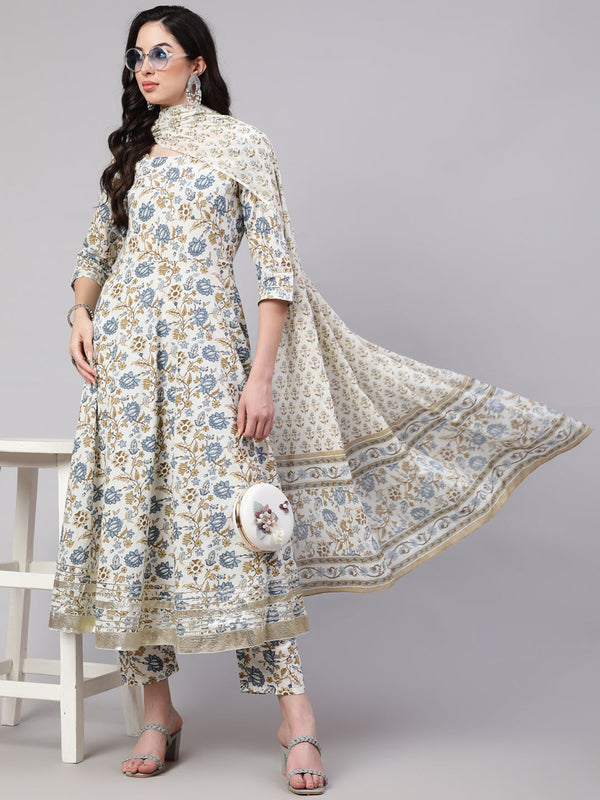 Women's Off-White Floral Printed Flared Kurta With Trouser And Dupatta - Taantav