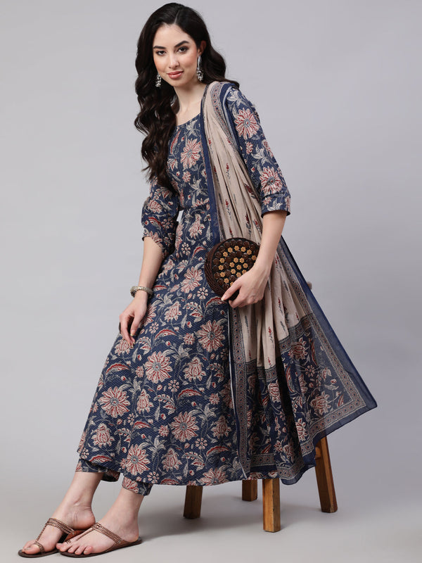 Women's Blue Floral Printed Anarkali Kurta With Trouser And Dupatta - Taantav