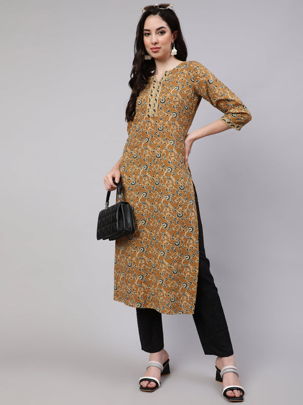 Women's Wome Mustrad Printed Straight Kurta Three Quarter Sleeves - Nayo Clothing