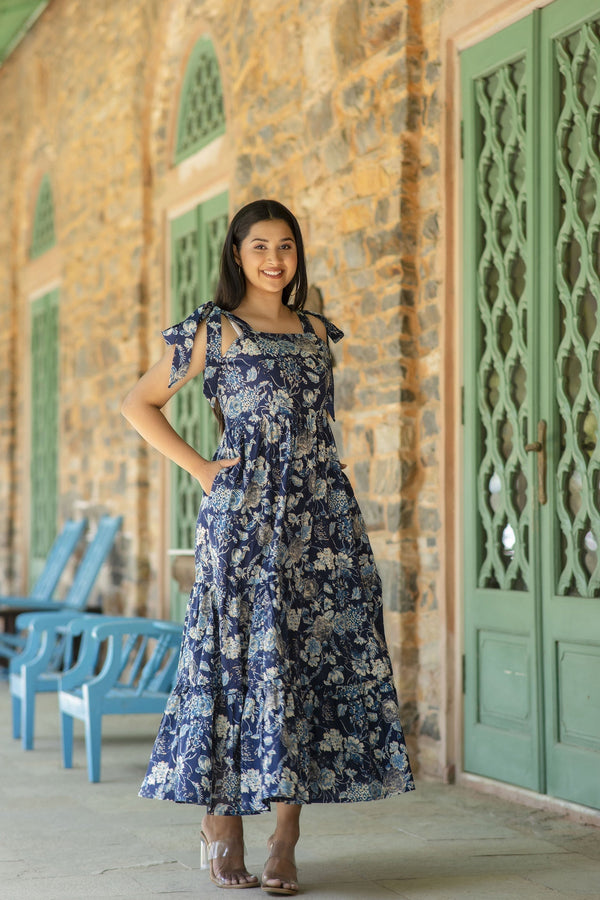 Women's Navy Blue Floral Printed Sleeveless Dress - Taantav