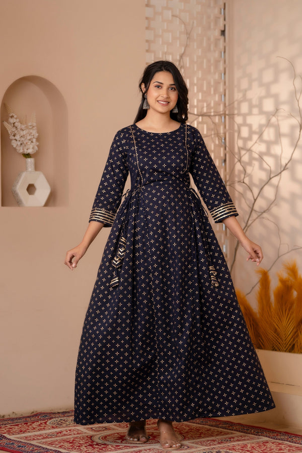 Women's Navy Blue Gold Printed Flared Dress With Three quarter Sleeves - Taantav