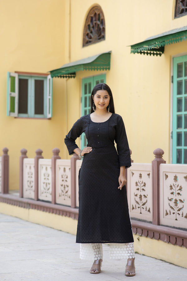 Women's Black Doby Straight Kurta with three quarter sleeves - Taantav