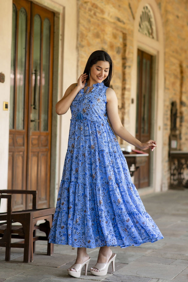 Women's Blue Floral Printed Sleeveless Georgette Dress - Taantav