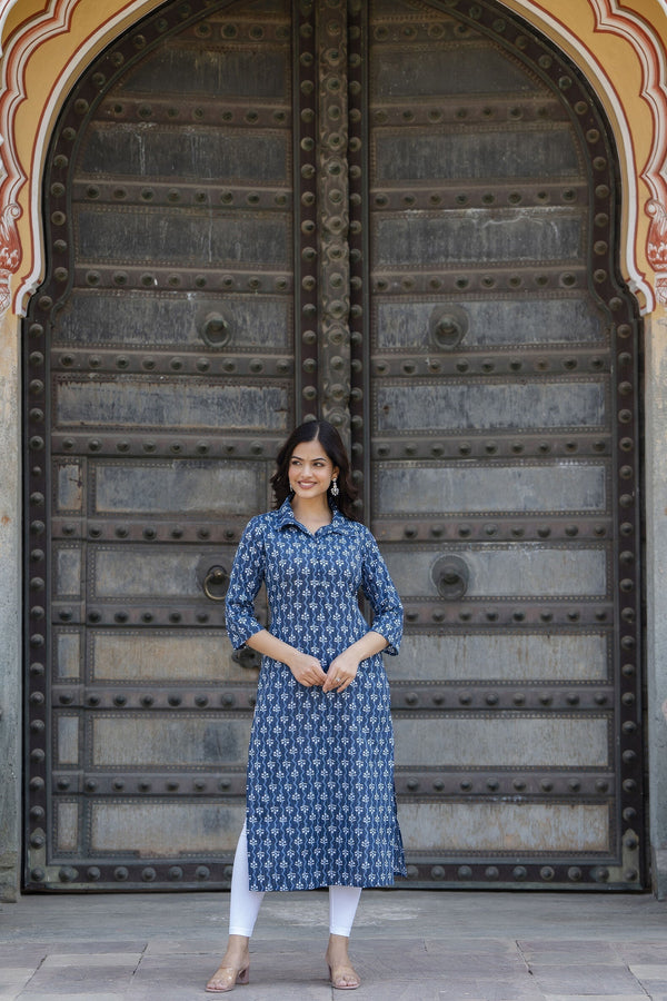 Women's Blue Printed Straight Kurta with Three Quarter Sleeves - Taantav