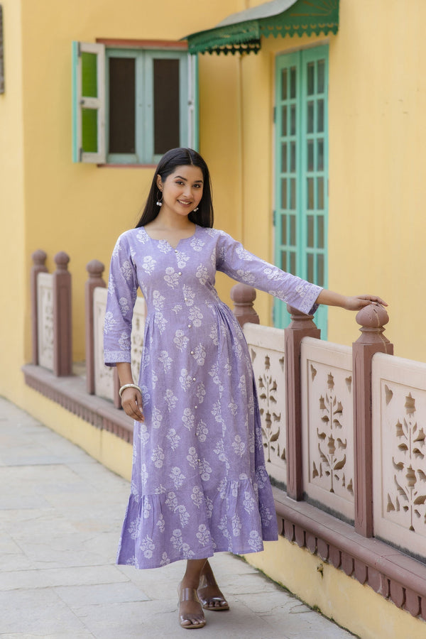 Women's Purple Ethnic Printed Flared Dress - Taantav