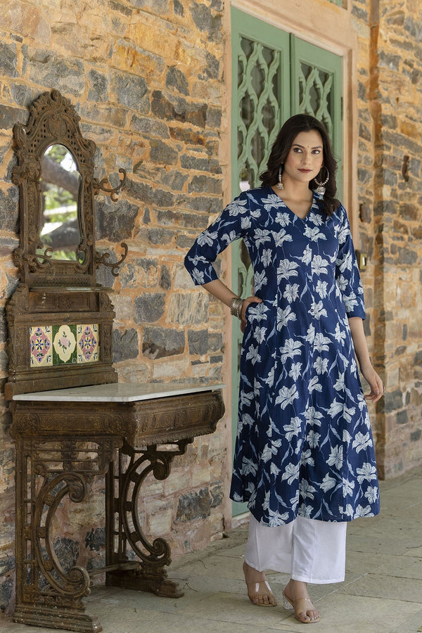 Women's Blue Ethnic Printed A-Line Kurta with Three Quarter Sleeves - Taantav