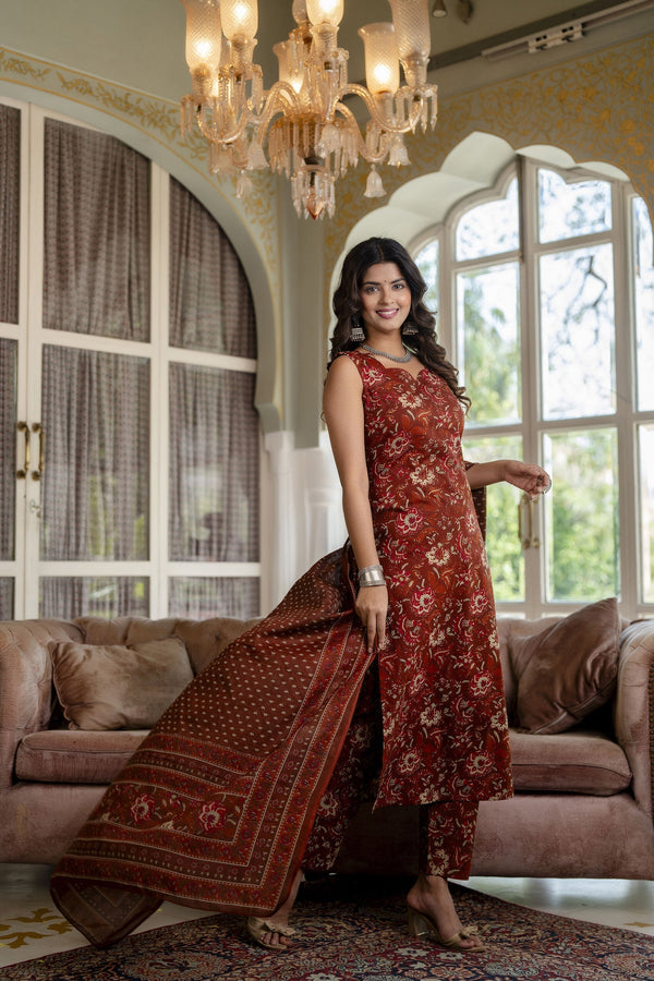 Women's Rust Floral Printed Straight Kurta With Trouser And Dupatta - Taantav