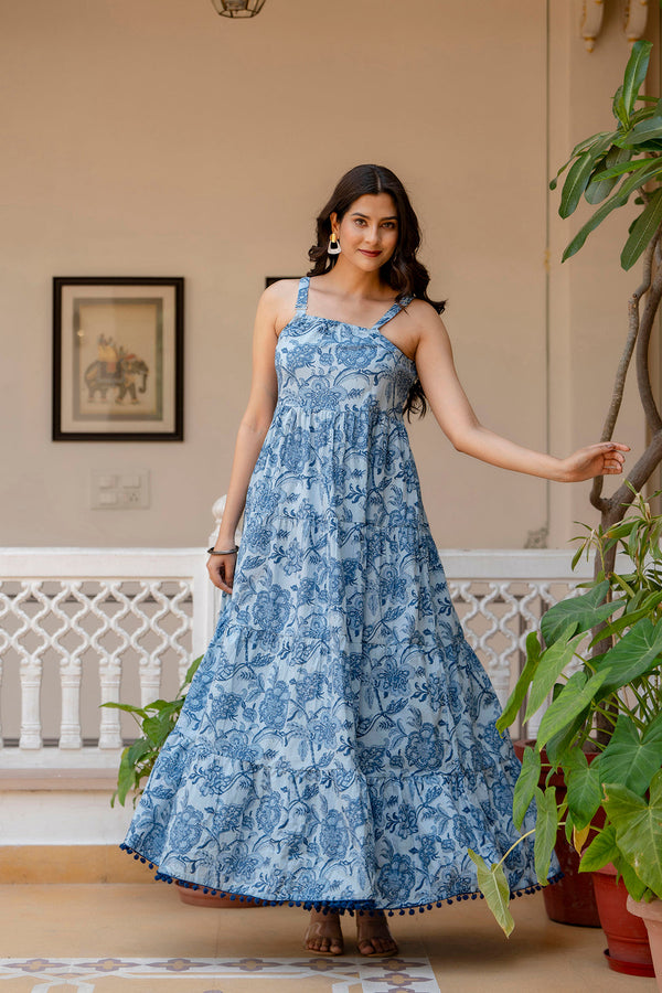 Women's Blue Ethnic Printed Flared Dress - Taantav