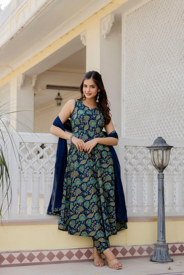 Women's Blue Floral Printed Anarkali Kurta With Trouser And Dupatta - Taantav