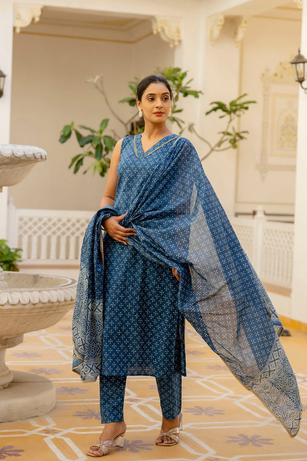 Women's Blue Printed Straight Kurta With Trouser And Dupatta - Taantav