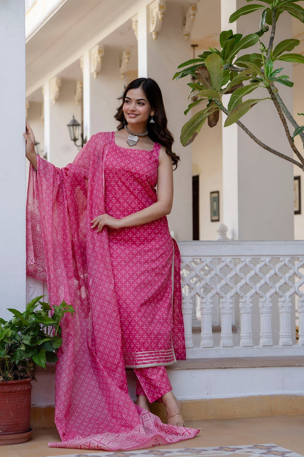 Women's Pink Printed Straight Kurta With Trouser And Dupatta - Taantav