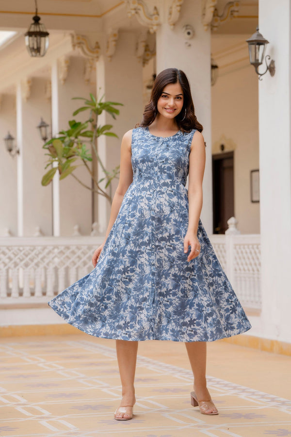 Women's Blue Printed Flared Dress - Taantav