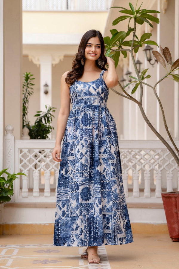 Women's Blue Printed Flared Dress - Taantav