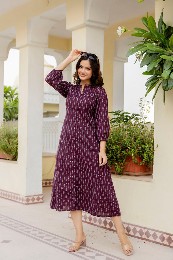 Women's Purple Ethnic Printed Flared Dress - Taantav