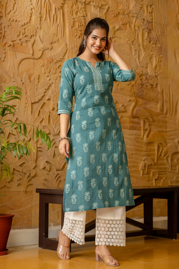 Women's Turquoise blue Printed Straight Kurta - Taantav