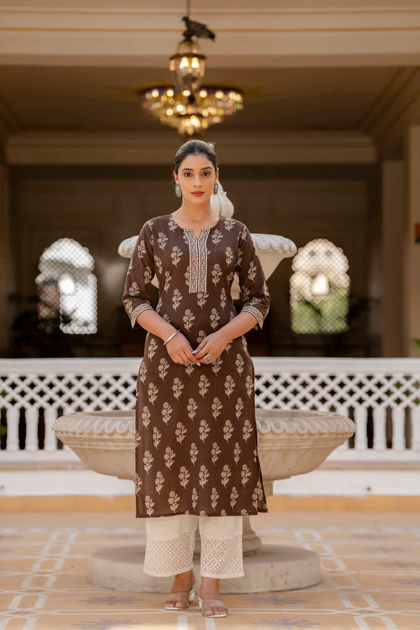 Women's Brown Ethnic Printed Straight Kurta with Three Quarter Sleeves - Taantav