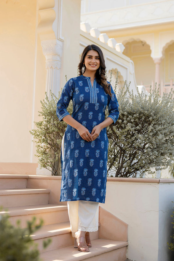 Women's Navy Blue Printed Straight Kurta with Three Quarter Sleeves - Taantav