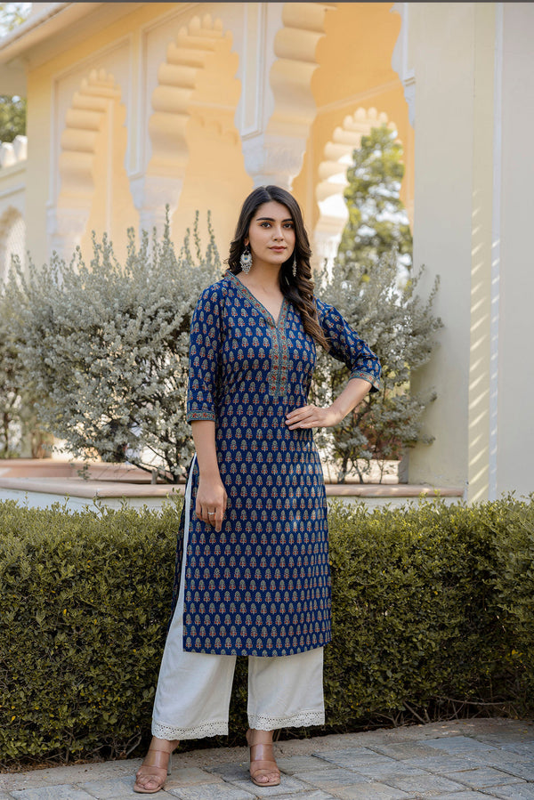 Women's Blue Printed Straight Kurta with Three Quarter Sleeves - Taantav