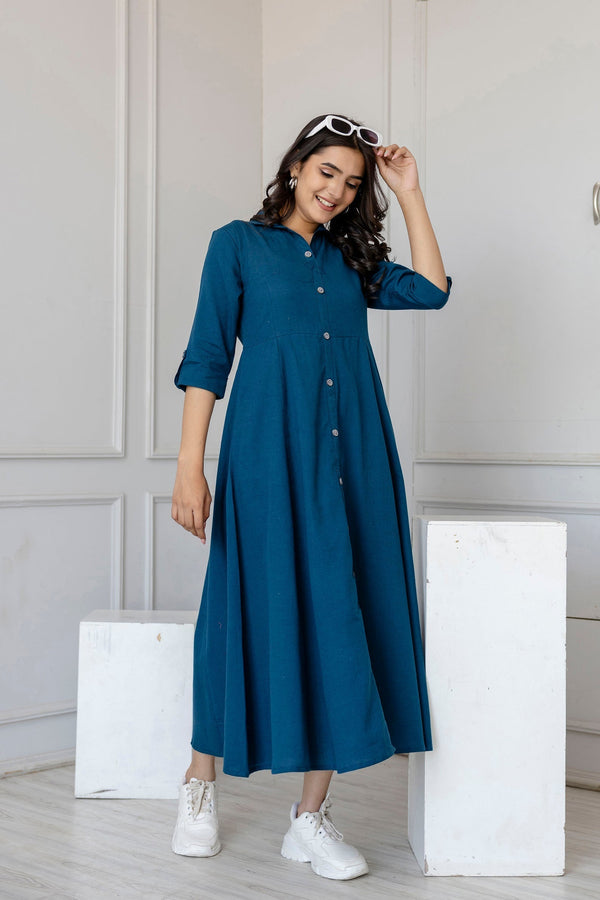 Women's Teal Solid Flared Dress With Three quarter Sleeves - Taantav