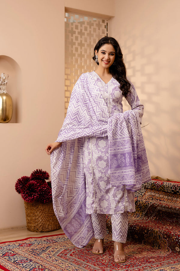 Women's Lavender Floral Printed Straight Kurta And Trouser With Dupatta - Taantav