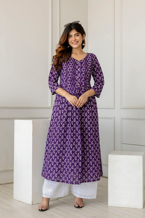 Women's Purple Printed A-Line Kurta with Three Quarter Sleeves - Taantav