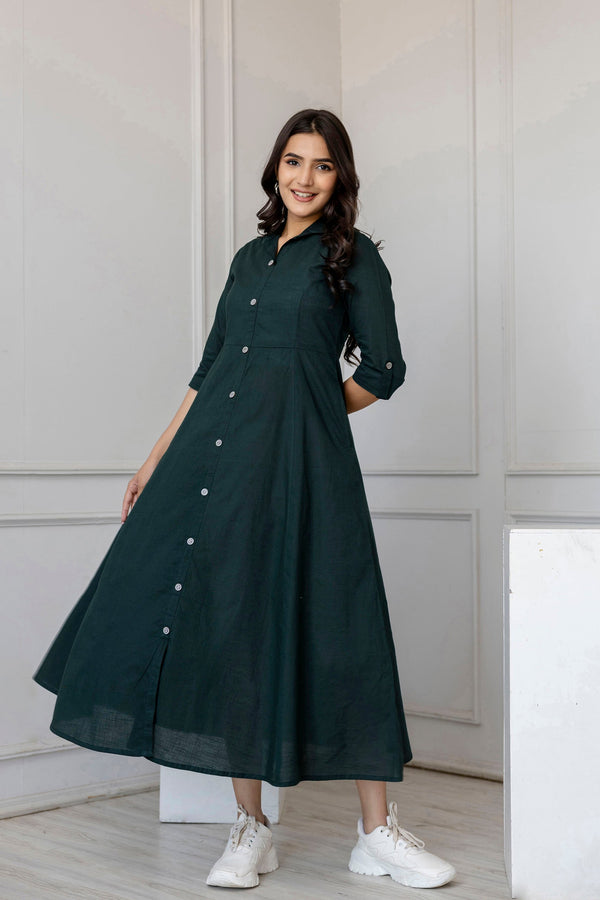 Women's Green Solid Flared Dress With Three quarter Sleeves - Taantav