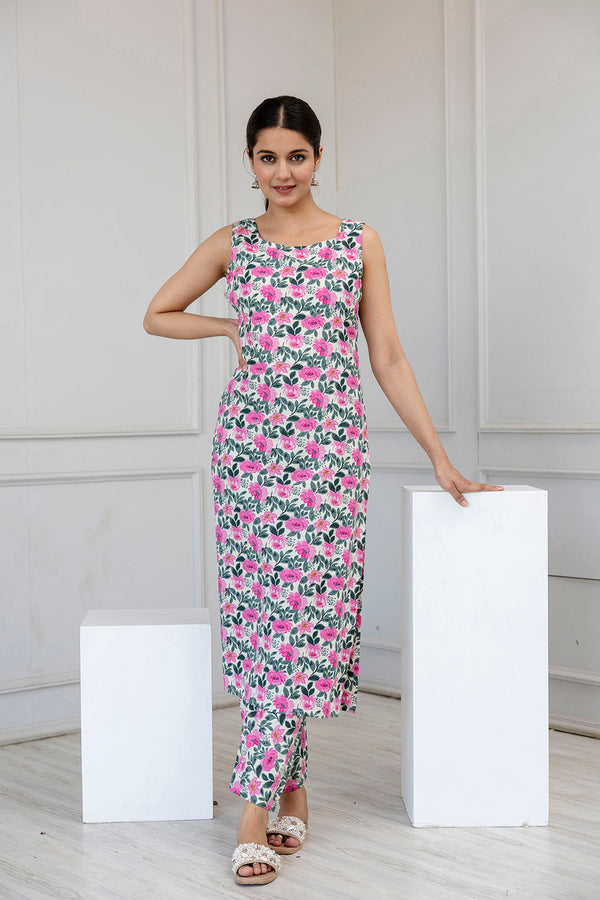 Women's Off White and Pink Printed Straight Kurta With Trouser - Taantav