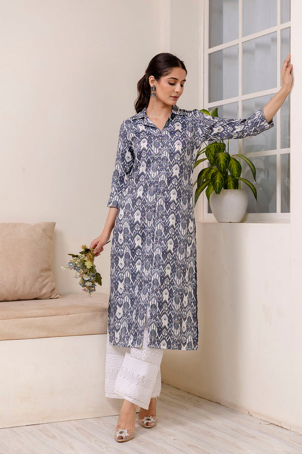 Women's Grey Printed Straight Shirt Collar Kurta - Taantav