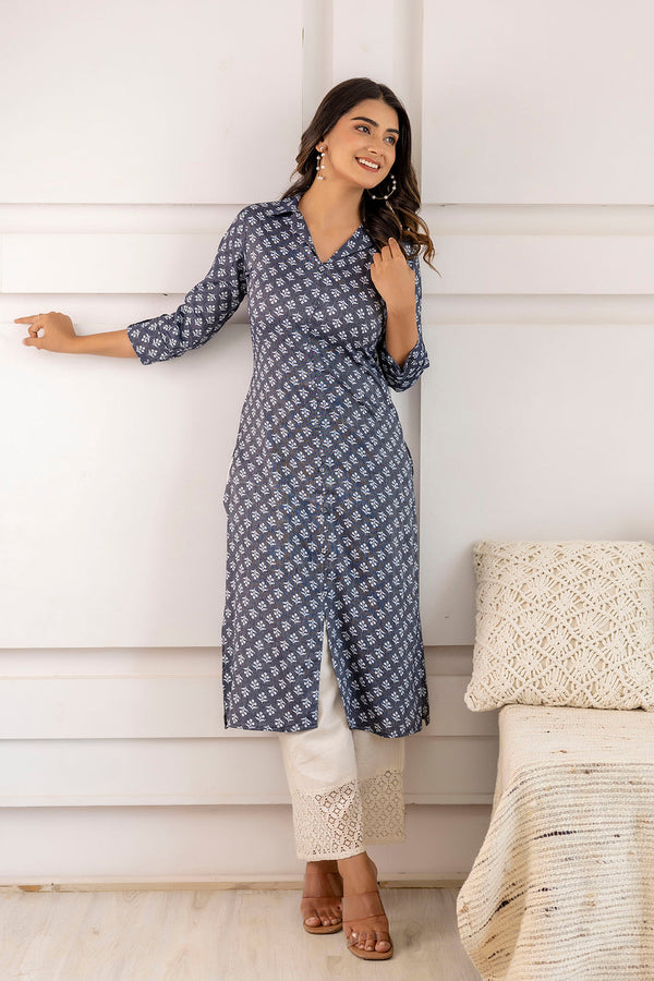 Women's Blue Grey Printed Straight Shirt Collar Kurta - Taantav