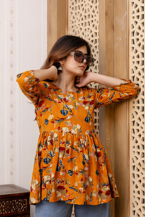 Women's Mustard Printed V-Neck Peplum Tunic - Taantav