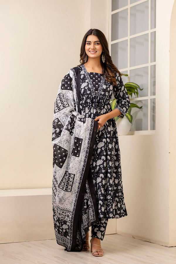 Women's Black Ethnic Printed Anarkali Kurta And Trouser With Dupatta - Taantav