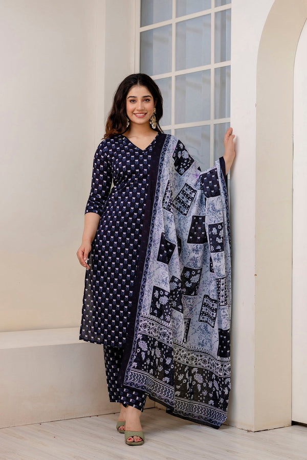 Women's Black Ethnic Printed Kurta And Trouser With Dupatta - Taantav