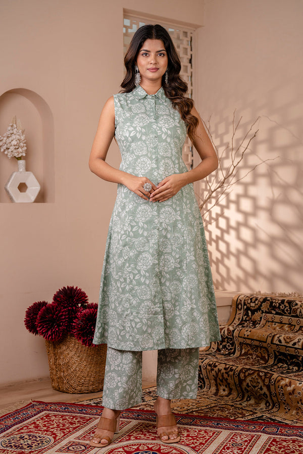 Women's Green Printed A-Line Kurta With Trouser - Taantav