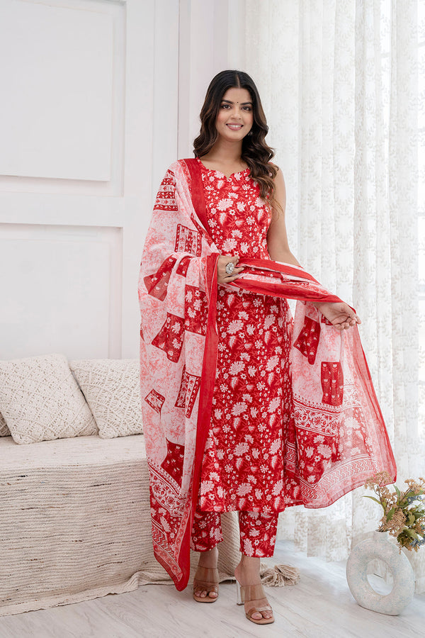 Women's Red Printed Kurta With Trouser and Dupatta - Taantav