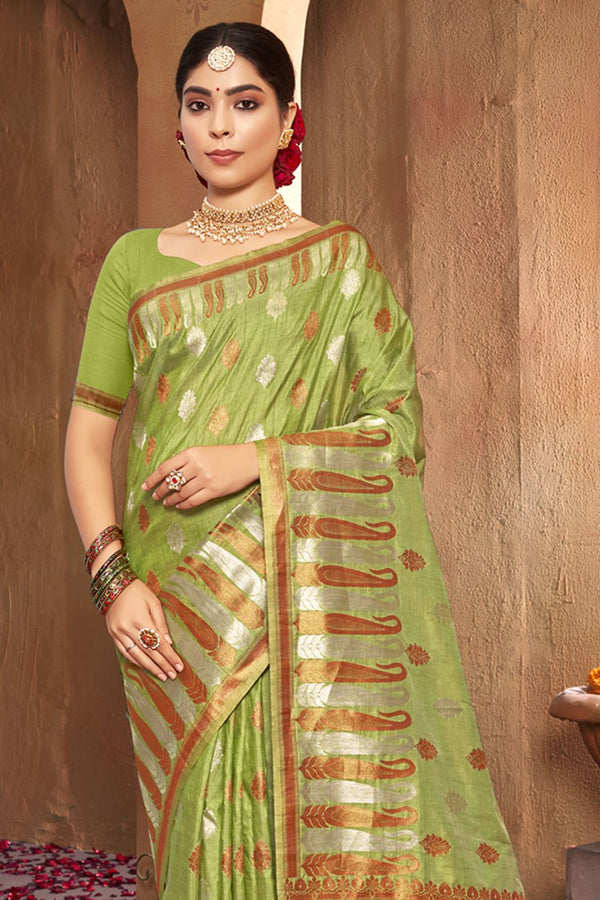 Women's Light Green Silk Woven Zari Work Traditional Tassle Saree - Sangam Prints